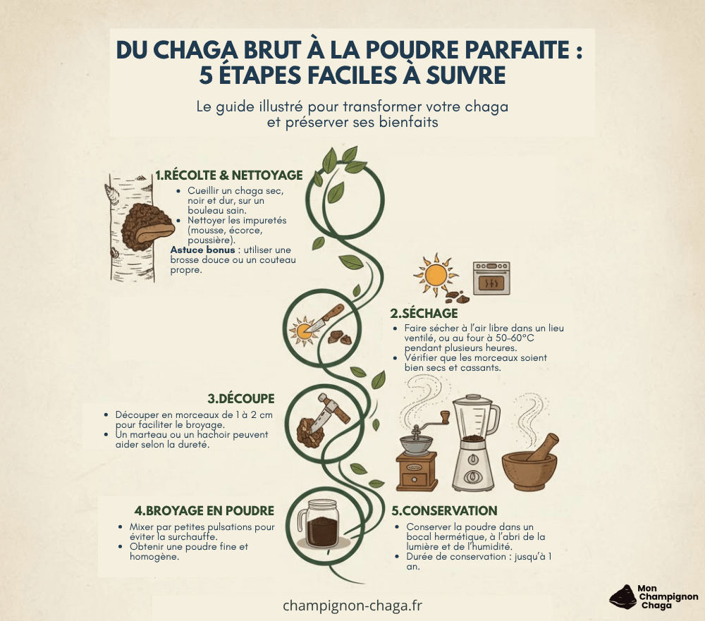 Les étapes du chaga brut au chaga en poudre