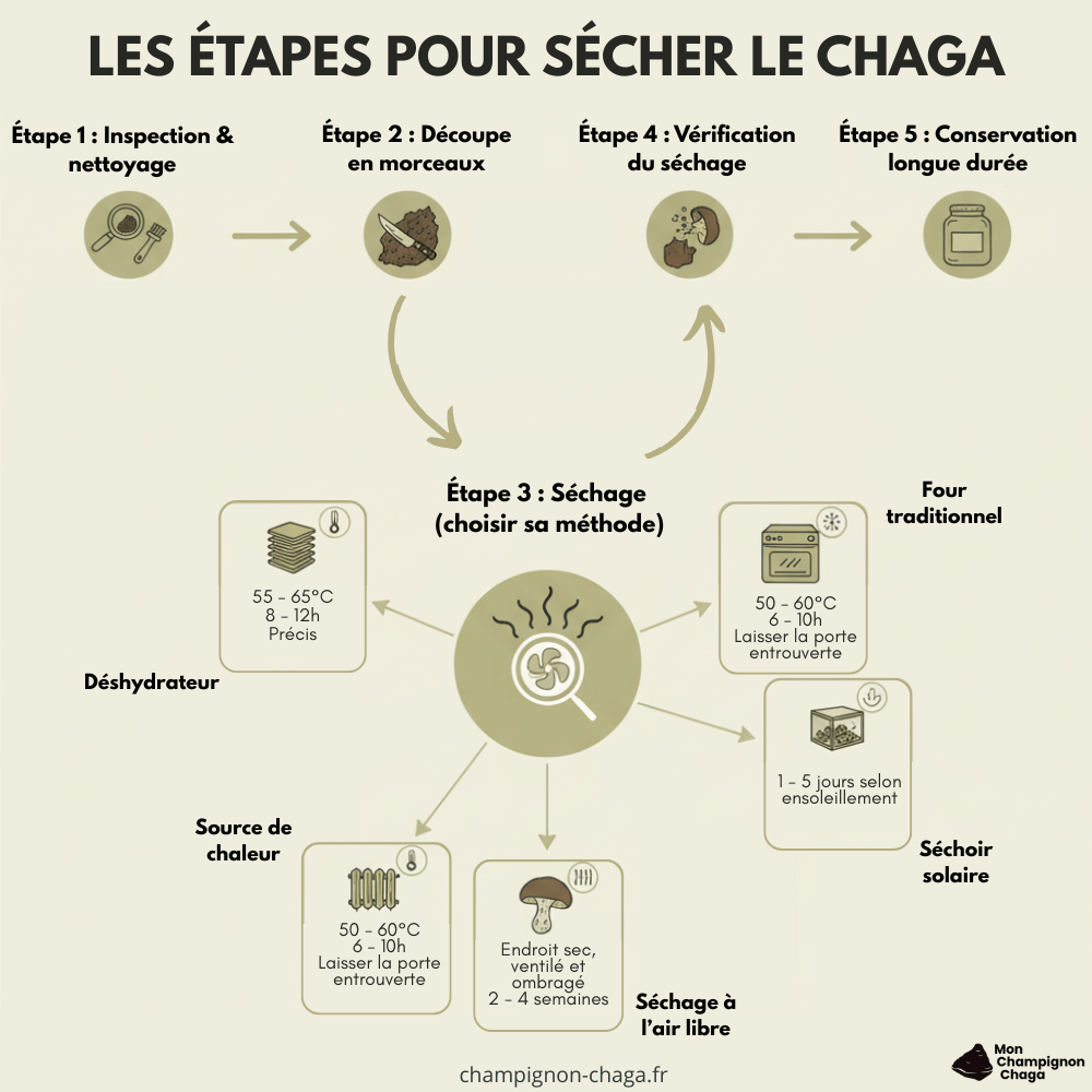 Les étapes pour le séchage du chaga